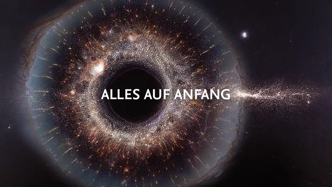 Iris-Fotografie. Aufnahme einer Iris auf schwarzen Untergrund; hat zugleich die Anmutung eines schwarzen Loches. Darauf ist zu lesen: Alles auf Anfang.