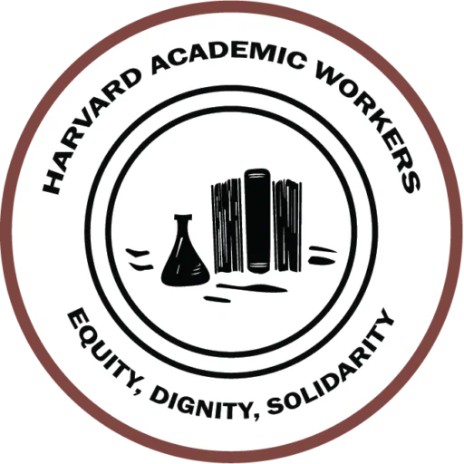 Circular logo with "Harvard Academic Workers" written along the top and flask and books in center