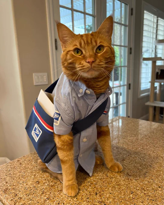 A ginger cat dressed a US Postal Service worker, complete with blue mail bag.