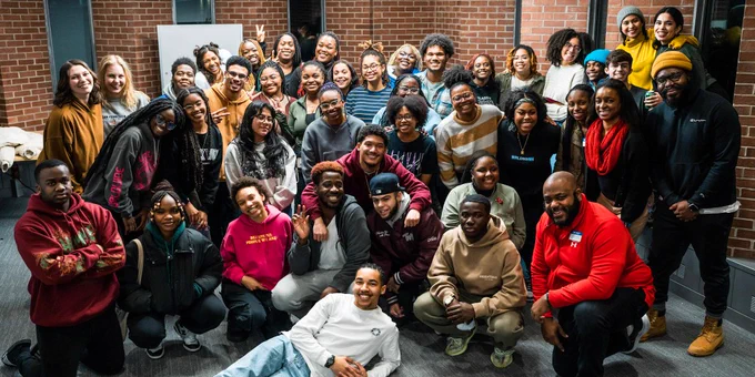 A big group photo of every student who attended the BSA's first event of fall 2023.