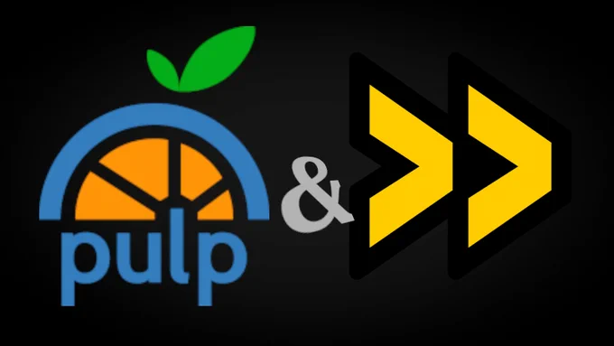 pulp logo, half a orange, and the Operate First logo, 2 yellow arrows to the right