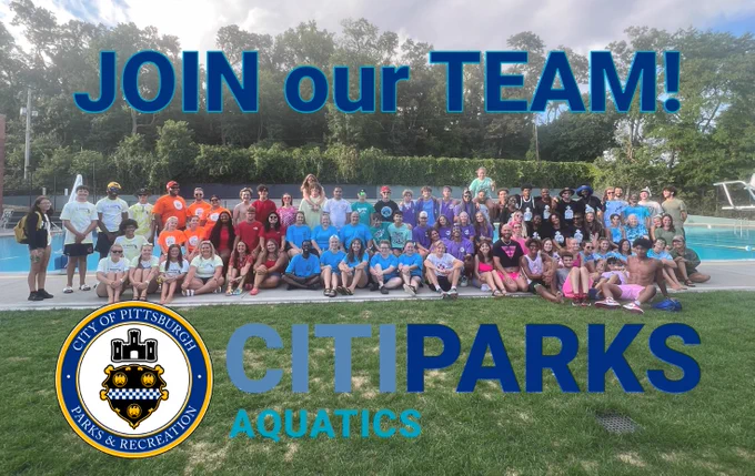 "Join our Team! CitiParks Aquatics" featuring a photo of the CitiParks 2022 Aquatics team that staff the pools all summer long