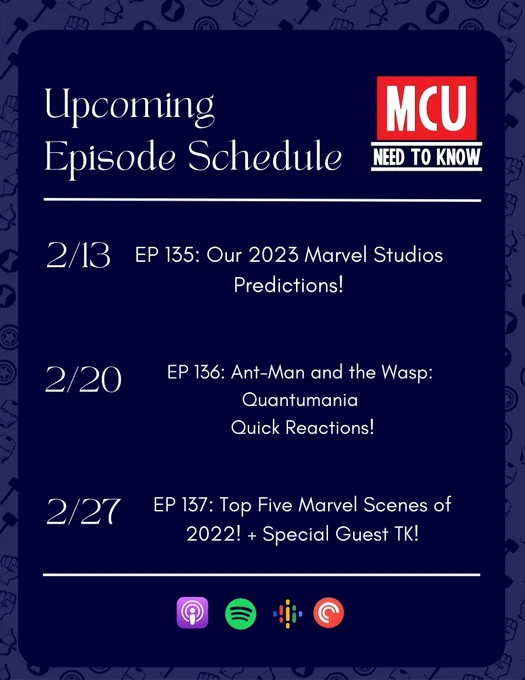 This is a promotional graphic for our podcast, MCU Need to Know! It lists upcoming episodes on February 13th, 20th, and 27th.  Topics include, our 2023 Marvel predictions, our reactions to Ant-Man and the Wasp Quantumania, and finally recounting the best scenes of 2022 with Tk!