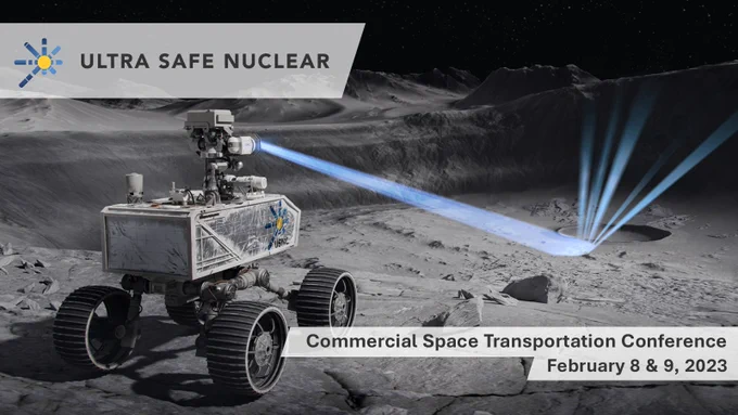 A rendering of a rover using an EmberCore X-ray source to image the lunar surface. Text reads "Commercial Space Transportation Conference / February 8 & 9, 2023."