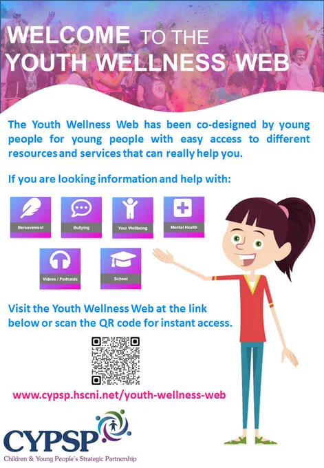 Poster of girl pointing to tiles about what is on the Youth Wellness web including bereavement, bullying, your wellbeing, mental health, videos podcasts and school - poster includes a QR code