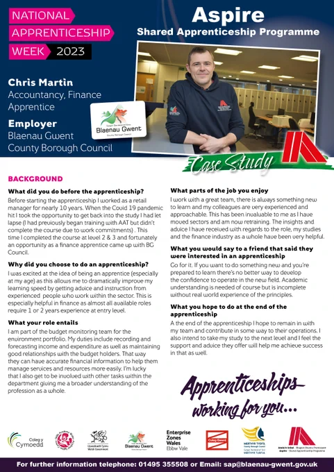 To celebrate National Apprentice Week 2023 find out about our Accountancy Finance apprentice Chris Martin at Blaenau Gwent Council.  Interested in the Aspire Blaenau Gwent Shared Apprenticeship Programme? call 01495 355508 for further info.