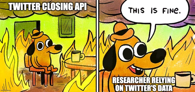 First image: Dog in a burning room full of flames and a caption stating "Twitter closing API". Second image same burning room, with the same dog, smiling and saying "this is fine" and a text stating "Researchers relying on Twitter's data"