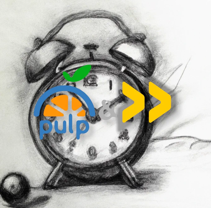 a pencil drawn alarm clock, overlayed by the pulp (a half orange) logo and the operate first (two yellow arrows) logo 