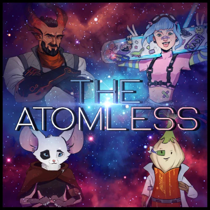Outer space with purple, pink, and blue hues in the background with four sci-fi character illustrations in the center. Theriac, a bipedal garlic plant with a large purple flowering coming from the top of their head, wearing burnt orange armor under a white lab coat, and a smart glass over one eye.  Azhaam, a tall, brown-skinned, horned man with cracks of red lava along portions of his skin and horns, wearing a grey armored vest over a white t-shirt, and grey armored pants. Skye, a white teenage human girl with sky blue hair, a mechanics goggles, and a skateboard adorned with stickers held over her shoulders. Ayg, a bipedal white-furred rat with one patch of black fur around her right eye, wearing skin-tight pink armor, a maroon hooded cloak, holding her tail in her hands. watch on the welcome inn listen on apple spotify and google. art by SaillixArt