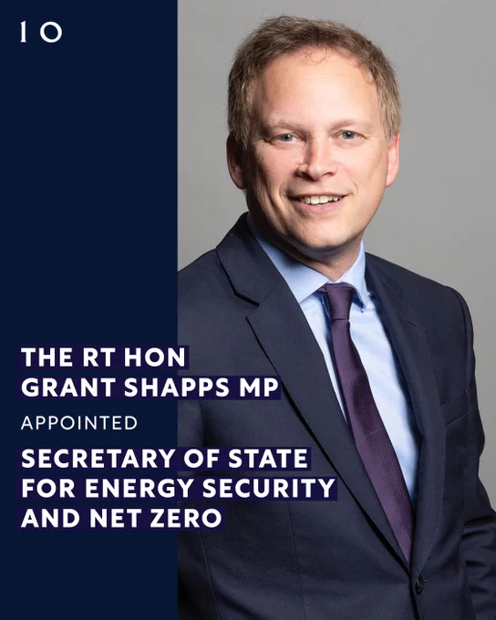 The Rt Hon Grant Shapps appointed Secretary of State for Energy Security and Net Zero.