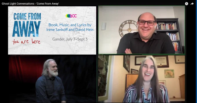A screenshot of a virtual meeting with ACC Director, Aiden Flynn and Come From Away Producer, Michael Rubinoff and Director, Jillian Keiley. 