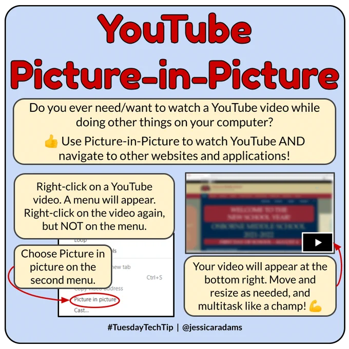 Infographic: YouTube Picture-in-Picture. Do you ever need/want to watch a YouTube video while doing other things on your computer? Use Picture-in-Picture to watch YouTube AND navigate to other websites and applications! Right-click on a YouTube video. A menu will appear. Right-click on the video again, but NOT on the menu. Choose Picture in picture on the second menu. Your video will appear at the bottom right. Move and resize as needed, and multitask like a champ!