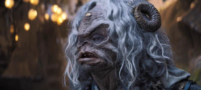 Aughra from Dark Crystal: Age of Resistance with her eyes closed.