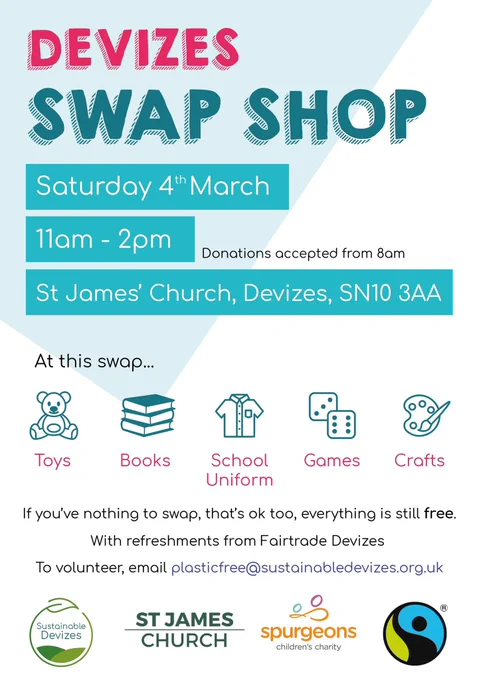 A poster for Devizes Swap Shop on Sat 4th March at St James Church. Run by Sustainable Devizes