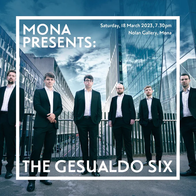Promo shot of the Gesualdo Six, playing for Mona Presents on Saturday 18 March 2023 at 7.30pm in the Nolan Gallery at Mona Museum.
