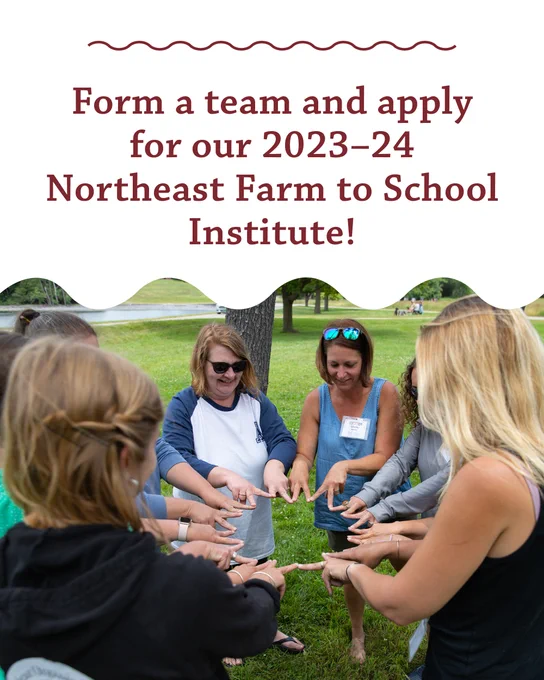 Headline: Form a team and apply for our 2023-24 Northeast Farm to School Institute! Image: Educators stand in a circle and form a star with their fingertips.