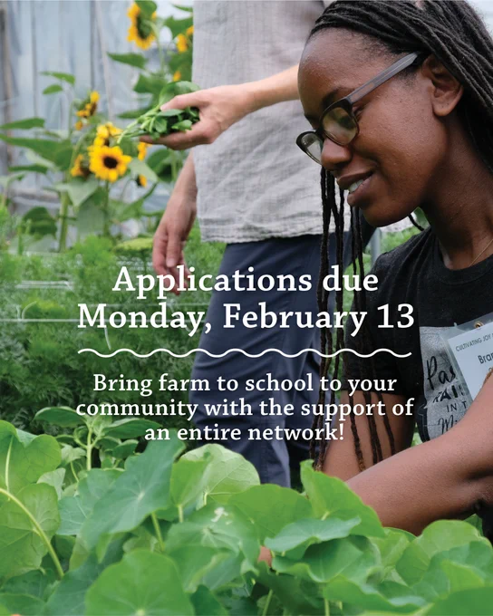 Headline: Applications due Monday, February 13. Bring farm to school to your community with the support of an entire network! Image: an educator explores a bed of nasturtium in a garden. 