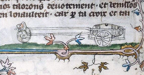 a medieval drawing of a snail pulling a cart with a barrel in it