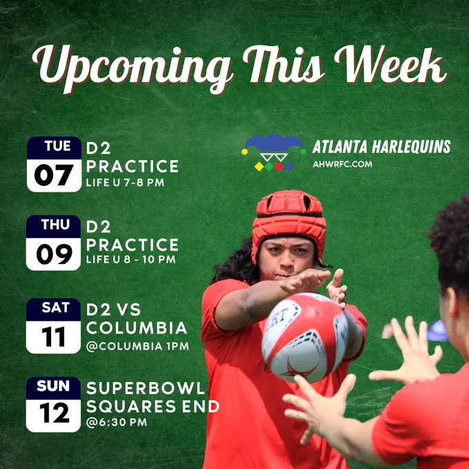 Events for this week: D2 Practice on 2/7 and 2/9 from 8-10pm at Life University.  D2 Game at Columbia on 2/11 at 1pm.  Super Bowl Squares end on 2/12 at 6:30pm.