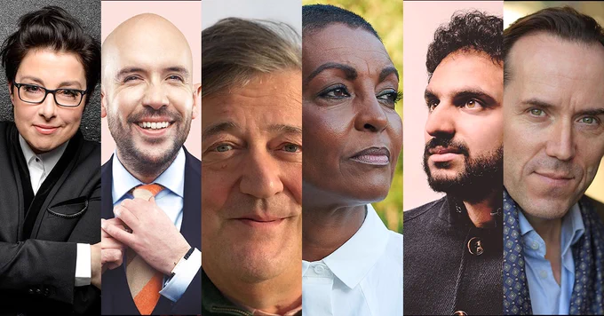 A six-way shot featuring famous comedians set to appear in Bleak Expectations