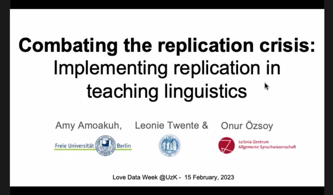 Title slide of the talk "Combating the replication crisis: Implementing replication in teaching linguistics" by Amy Amoakuh, Leonie Twente, and Onur Özsoy