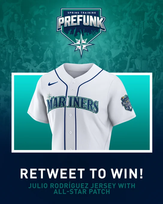 Graphic for our Retweet to Win contest with the text: 

SPRING TRAINING PREFUNK

RETWEET TO WIN!

JULIO RODRÍGUEZ JERSEY WITH ALL-STAR PATCH