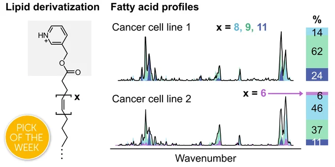 A graphical abstract image for the Chemical Science Pick of the Week, 15th February 2023. The work shows how lipid derivatisation can be used to determine the double bond position and configuration of fatty acids.