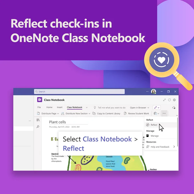 OneNote screenshot. Text that reads: "Reflect check-ins in OneNote Class Notebook."