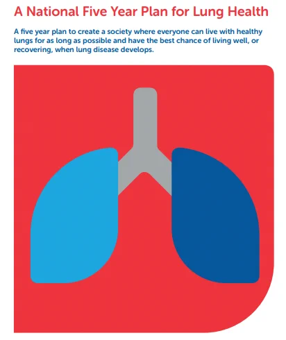 A National Five Year Plan for Lung Health: A five year plan to create a society where everyone can live with healthy lungs for as long as possible and have the best chance of living well, or recovering, when lung disease develops. Graphic abstract diagram of a pair of lungs.