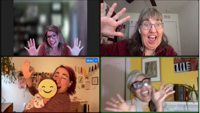 Screenshot of Kim, Sarah, Jessica, and Kristin responding to "the secret word" from the podcast