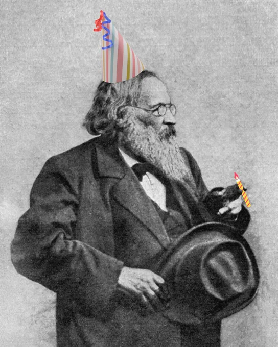 Dmitri Mendeleev wearing a party hat. We photoshopped a candle in his hand because we now know smoking is not cool.