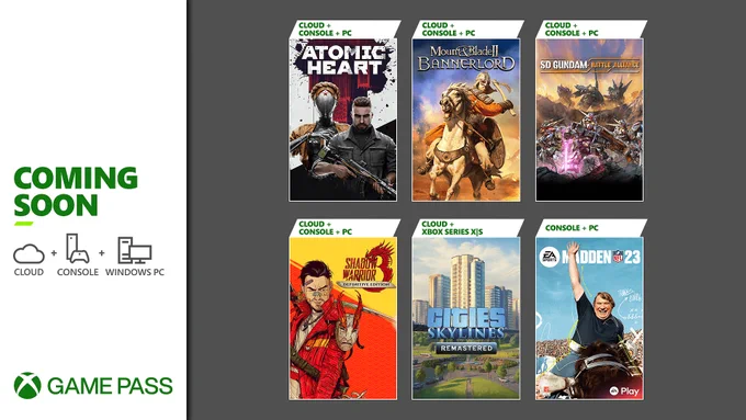 Atomic Heart, Mount & Blade II: Bannerlord, SD Gundam: Battle Alliance, Shadow Warrior 3: Definitive Edition, Cities Skylines Remastered, and Madden NFL 23 are coming soon to Xbox Game Pass.