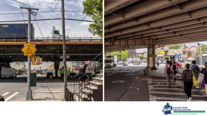 A collage of two photos. One showing a truck driving on the elevated brooklyn queens expressway and one showing people walking under another elevated part of the expressway