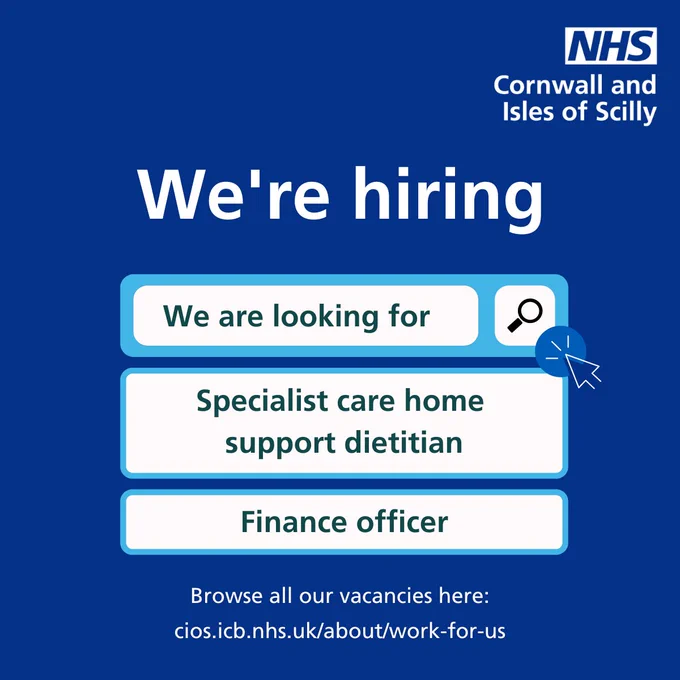 Text reads: We're hiring. Specialist Care Home Support Dietitian and Finance Officer. The NHS logo is in top corner. 