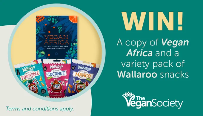 The Vegan Society logo, text reads "Win! A copy of Vegan Africa and a variety pack of Wallaroo snacks, competition closes 28 February 2023, terms and conditions apply.