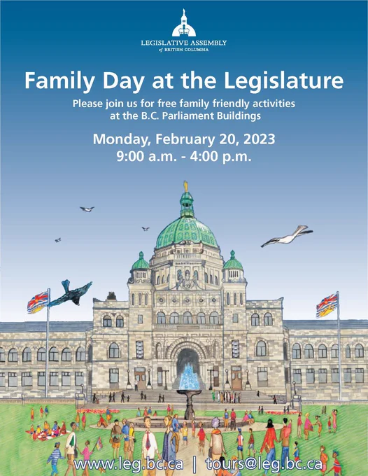 BC Family Day Poster. Text reads: Monday, February 20, 2023, 9:00 a.m. - 4:00 p.m.