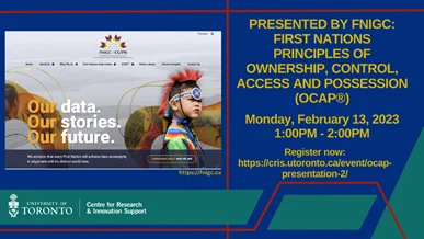 Graphic includes event details and photo of the FNIGC website homepage. Event will be on Feb 13 from 1-2PM.