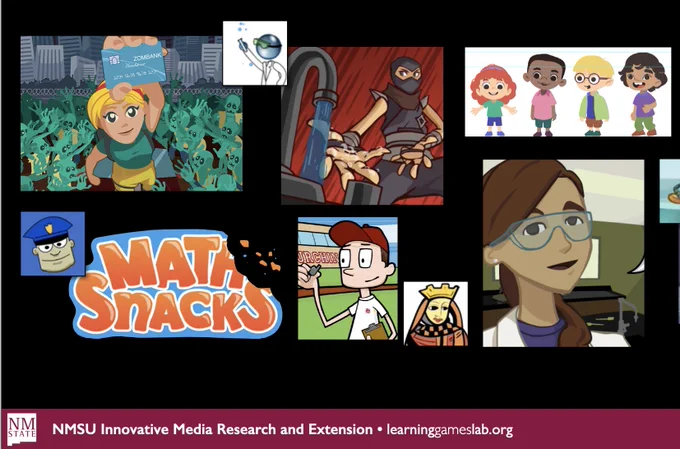Images of educational games and animations including Night of the Living Debt, Ninja Kitchen, Math Snacks, Don't Be Gross, Virtual Labs and Foods and Moves. Footer reads "NMSU Innovative Media Research and Extension learninggameslab.org"