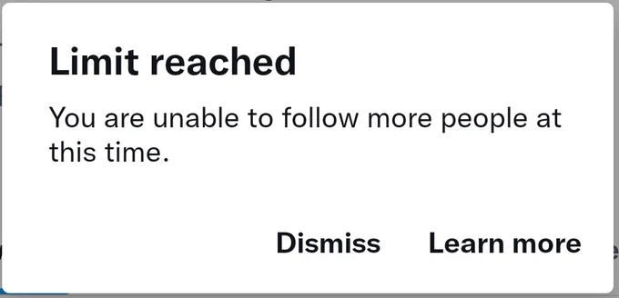 Notice from the Twitter app saying I've reached the limit of how many accounts I can follow, which according to the guidelines is 400 per day.