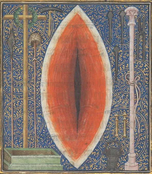 A medieval drawing of a red, oval-shaped vertical wound on a background of dark blue with gold floral patterns
