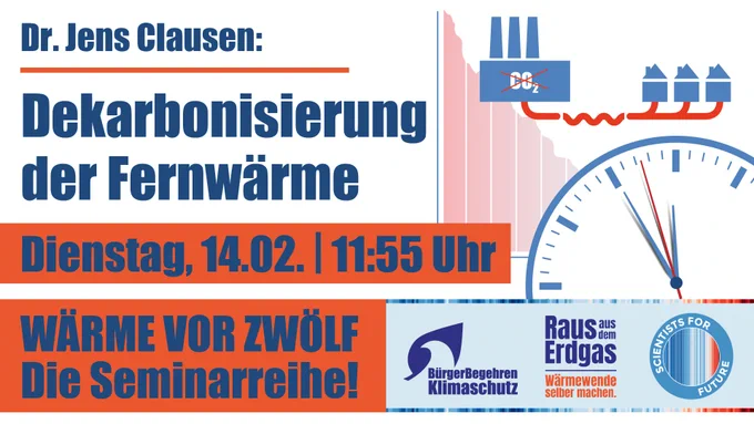 Ankündigung zur Seminarreihe am 14.2. um 11:55 Uhr. Logos der Organisationen BürgerBegehren Klimaschutz und Scientists for future. Im Hintergrund eine Uhr, die fünf Minuten vor 12 zeigt und ein skizziertes Fernwärmenetz.