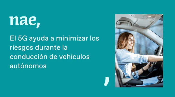 Card que muestra la siguiente información: "El 5G ayuda a minimizar los riesgos durante la conducción de vehículos autónomos". El texto está acompañado por la imagen de una mujer configurando la pantalla del automóvil.