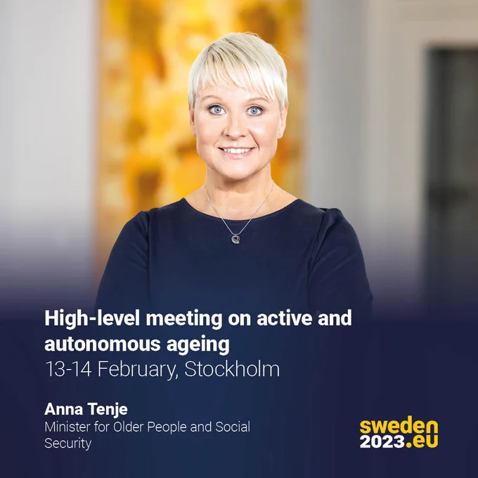 Image of Anna Tenje  with the text High-level meeting on active and autonomous ageing 13-14 February, Stockholm.