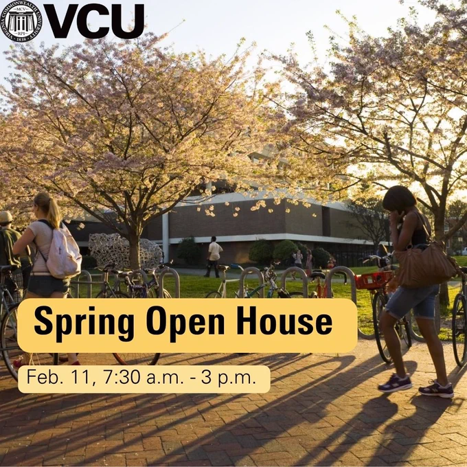 Spring day on VCU campus at sunset. Students walk by a bike rack with two trees blooming with flowers. Text at the bottom reads: "Spring Open House. Feb 11, 7:30 a.m. - 3 p.m."