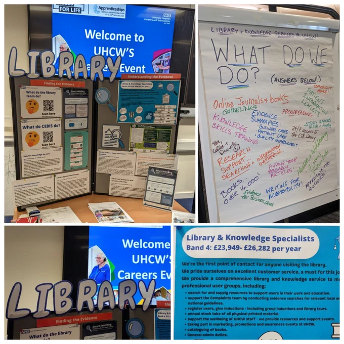 Collage of pictures taken of library display at careers event. 