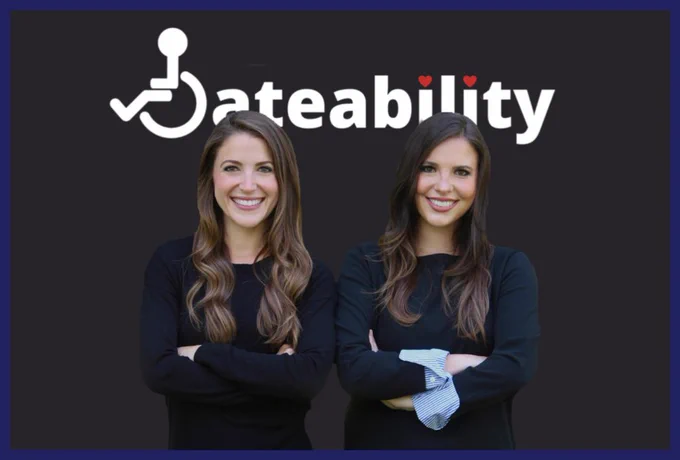 Two women ( Alexa and Jacqueline Child) with long brown hair wearing black sweaters are smiling and standing with their arms crossed. Behind them is the dateability logo which consists of the word "Dateability" with a stick figure sitting in a wheelchair, whose wheel forms the "D" in the word. Hearts appear above both i's. 