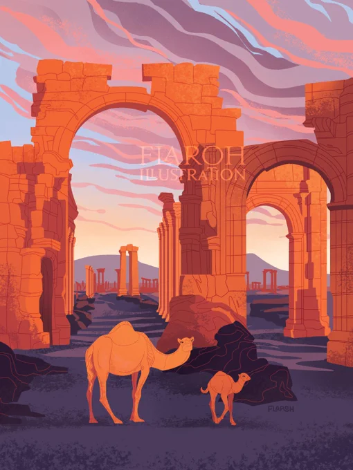 a vibrant landscape of the palmyra gate with a camel and calf. Palette is orange and purple
