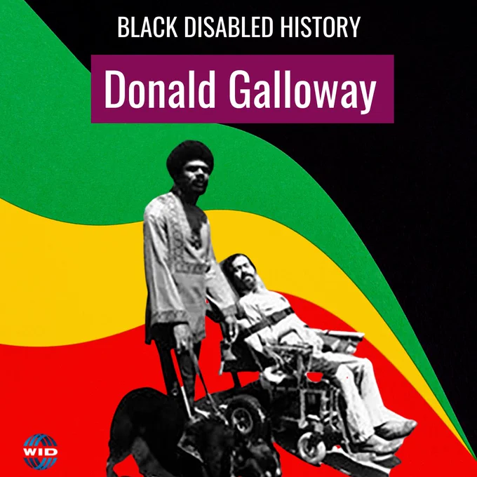 Donald Galloway with his guide dog standing next to Ed Roberts, who is sitting in his wheelchair.