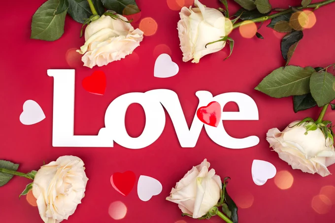 Letters spelling love on a red background, with white roses and love hearts scattered around