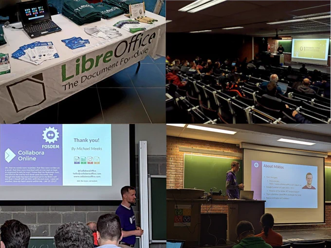 FOSDEM2023 related photography. LibreOffice stand on the top left followed by photos from LOTech track talks 